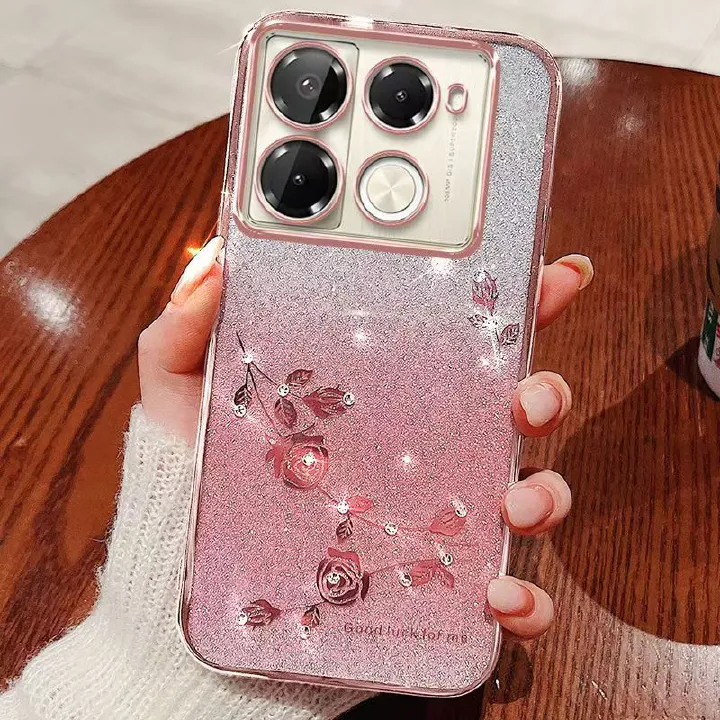 For Infinix Note 40 Pro 4G/Note 40 Pro 5G Phone Case Flash Women's and Girls Pink Flower Transparent Shock Protection Luxury Diamond Shining Phone Case Soft TPU
