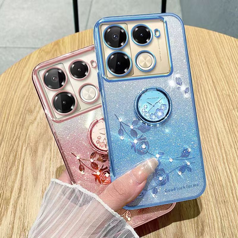 For Infinix Note 40 Pro 4G/Note 40 Pro 5G Phone Case Flash Women's and Girls Pink Flower Transparent Shock Protection Luxury Diamond Shining Phone Case Soft TPU