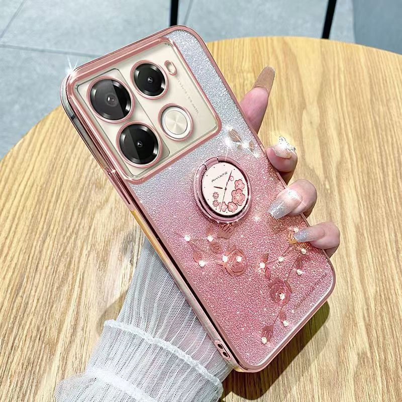 For Infinix Note 40 Pro 4G/Note 40 Pro 5G Phone Case Flash Women's and Girls Pink Flower Transparent Shock Protection Luxury Diamond Shining Phone Case Soft TPU