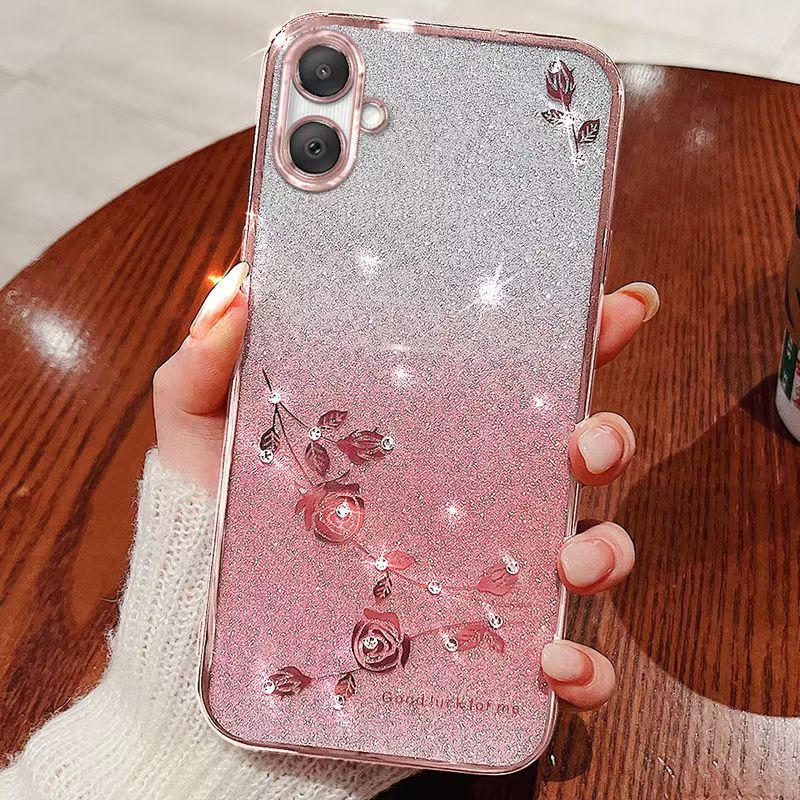 For Samsung Galaxy A06 Phone Case Flash Women's and Girls Pink Flower Transparent Shock Protection Luxury Diamond Shining Phone Case Soft TPU