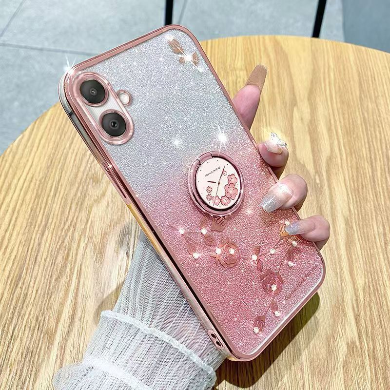 For Samsung Galaxy A06 Phone Case Flash Women's and Girls Pink Flower Transparent Shock Protection Luxury Diamond Shining Phone Case Soft TPU