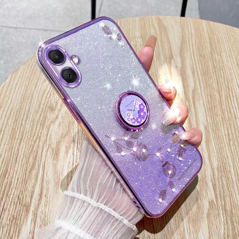 For Samsung Galaxy A06 Phone Case Flash Women's and Girls Pink Flower Transparent Shock Protection Luxury Diamond Shining Phone Case Soft TPU