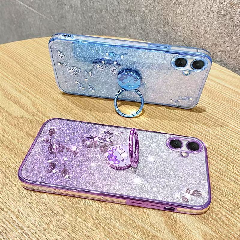 For Samsung Galaxy A06 Phone Case Flash Women's and Girls Pink Flower Transparent Shock Protection Luxury Diamond Shining Phone Case Soft TPU
