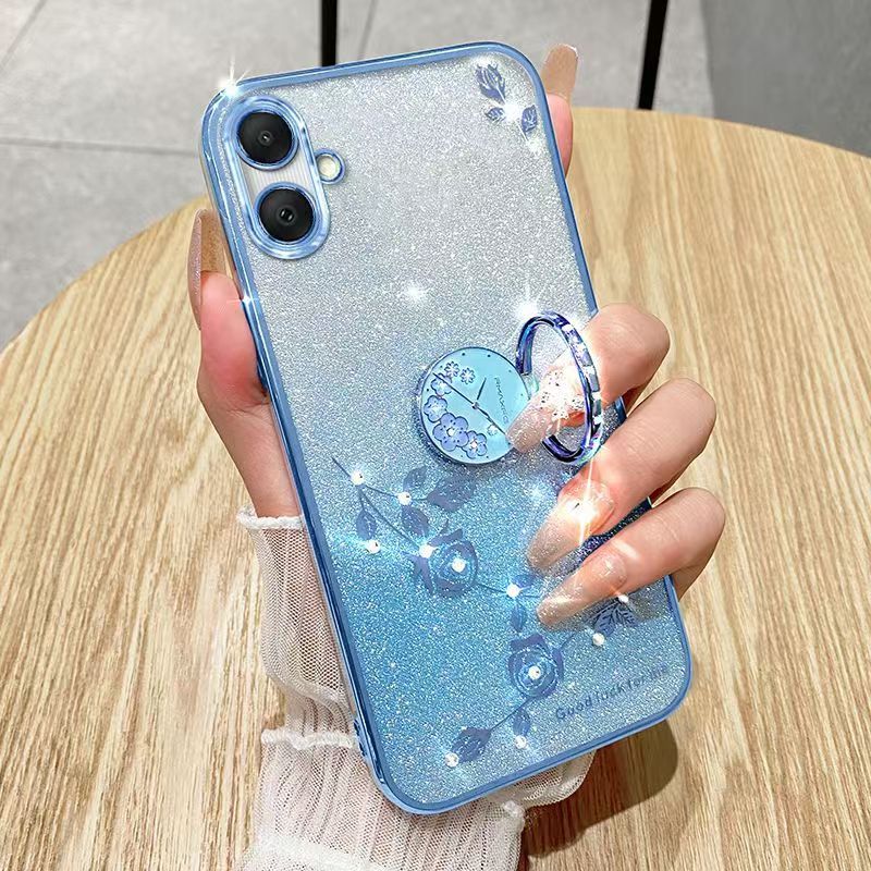 For Samsung Galaxy A06 Phone Case Flash Women's and Girls Pink Flower Transparent Shock Protection Luxury Diamond Shining Phone Case Soft TPU