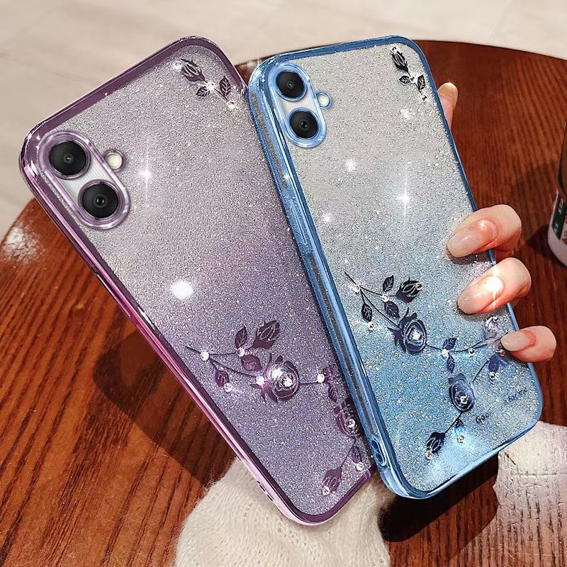 For Samsung Galaxy A06 Phone Case Flash Women's and Girls Pink Flower Transparent Shock Protection Luxury Diamond Shining Phone Case Soft TPU