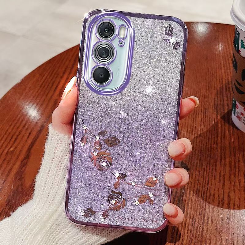For Motorola Edge X30 5G Phone Case Flash Women's and Girls Pink Flower Transparent Shock Protection Luxury Diamond Shining Phone Case Soft TPU