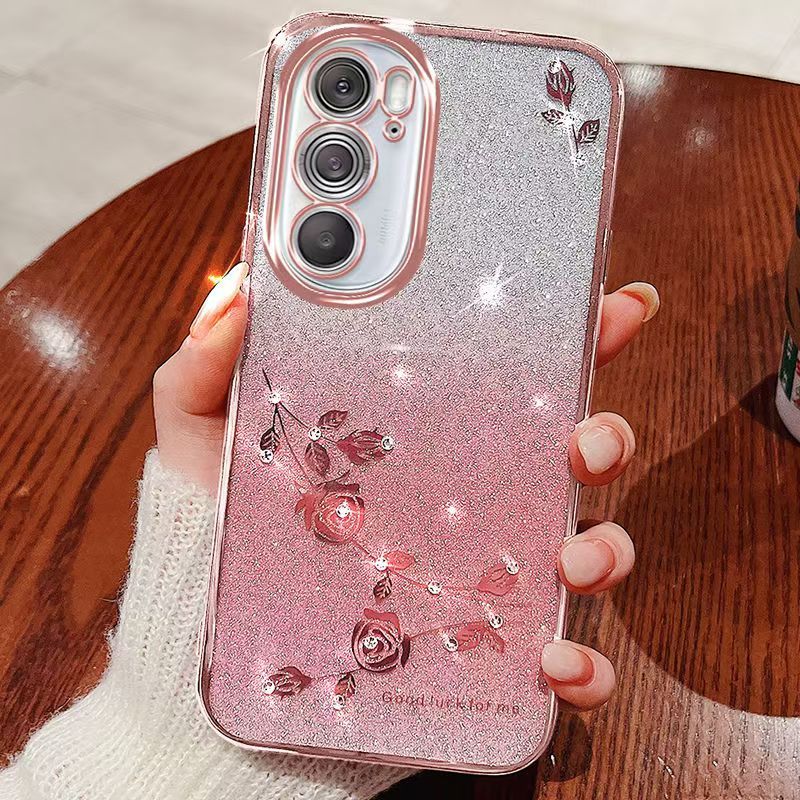 For Motorola Edge X30 5G Phone Case Flash Women's and Girls Pink Flower Transparent Shock Protection Luxury Diamond Shining Phone Case Soft TPU