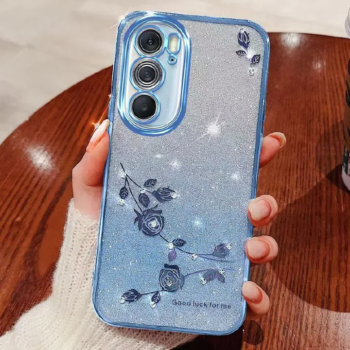 For Motorola Edge X30 5G Phone Case Flash Women's and Girls Pink Flower Transparent Shock Protection Luxury Diamond Shining Phone Case Soft TPU