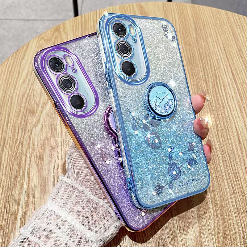 For Motorola Edge X30 5G Phone Case Flash Women's and Girls Pink Flower Transparent Shock Protection Luxury Diamond Shining Phone Case Soft TPU