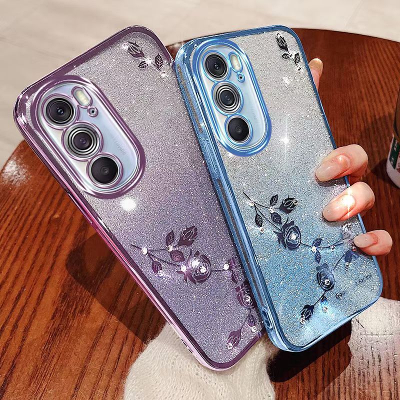 For Motorola Edge X30 5G Phone Case Flash Women's and Girls Pink Flower Transparent Shock Protection Luxury Diamond Shining Phone Case Soft TPU