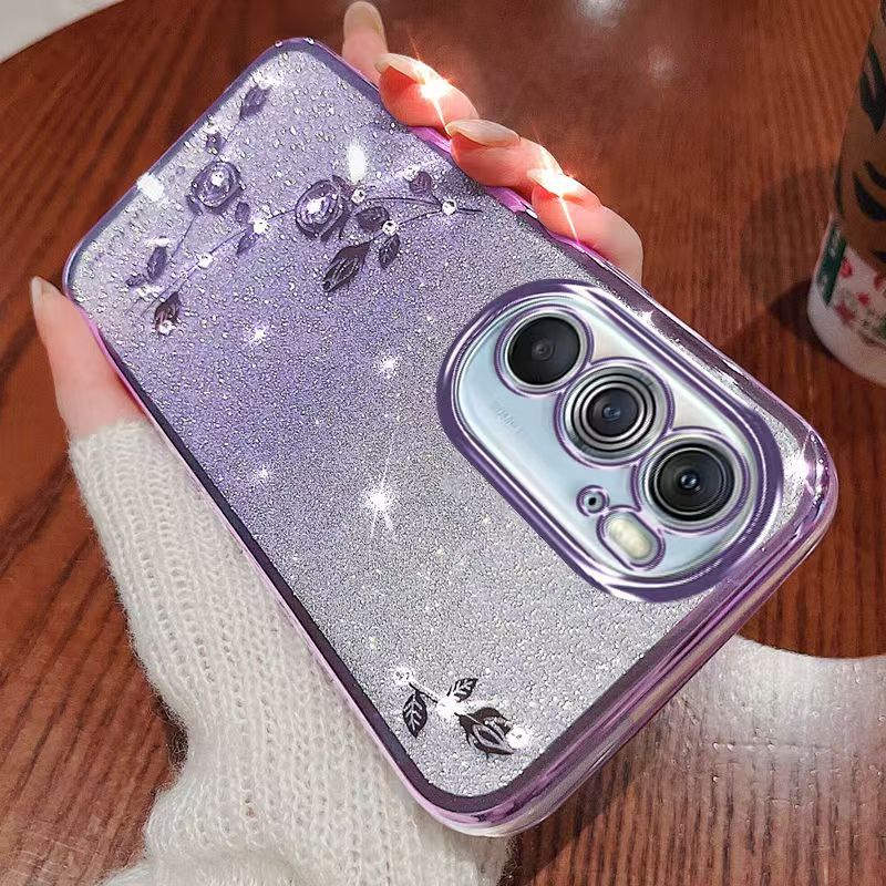 For Motorola Edge X30 5G Phone Case Flash Women's and Girls Pink Flower Transparent Shock Protection Luxury Diamond Shining Phone Case Soft TPU