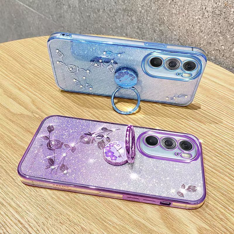 For Motorola Edge X30 5G Phone Case Flash Women's and Girls Pink Flower Transparent Shock Protection Luxury Diamond Shining Phone Case Soft TPU