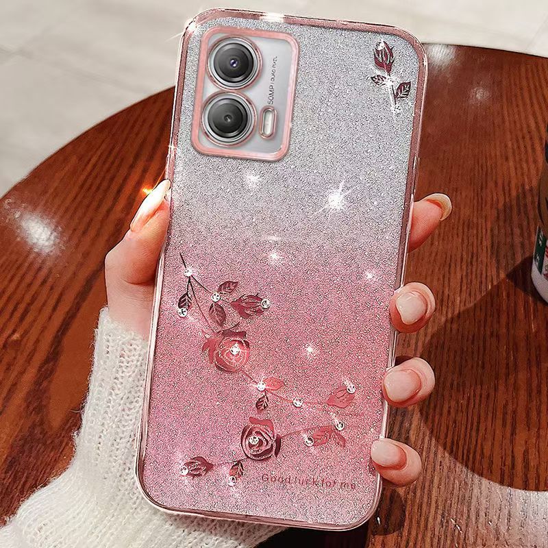 For Motorola Moto G73 5G Phone Case Flash Women's and Girls Pink Flower Transparent Shock Protection Luxury Diamond Shining Phone Case Soft TPU