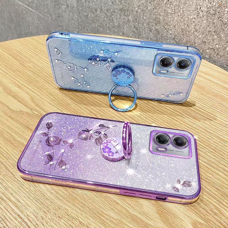 For Motorola Moto G73 5G Phone Case Flash Women's and Girls Pink Flower Transparent Shock Protection Luxury Diamond Shining Phone Case Soft TPU