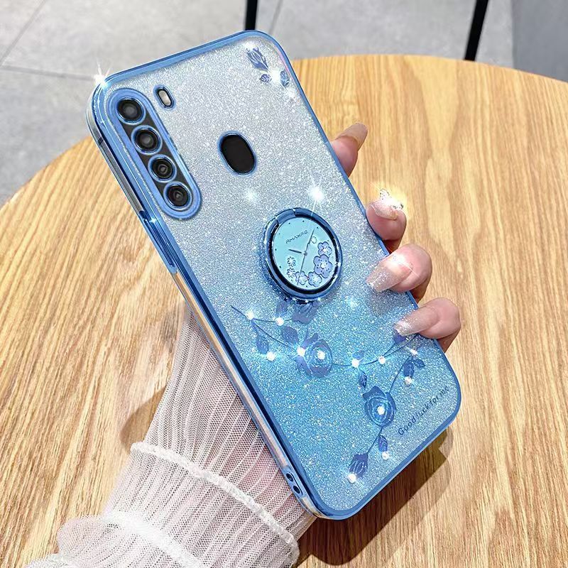 For Samsung Galaxy A21 Phone Case Flash Women's and Girls Pink Flower Transparent Shock Protection Luxury Diamond Shining Phone Case Soft TPU