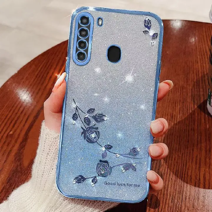 For Samsung Galaxy A21 Phone Case Flash Women's and Girls Pink Flower Transparent Shock Protection Luxury Diamond Shining Phone Case Soft TPU