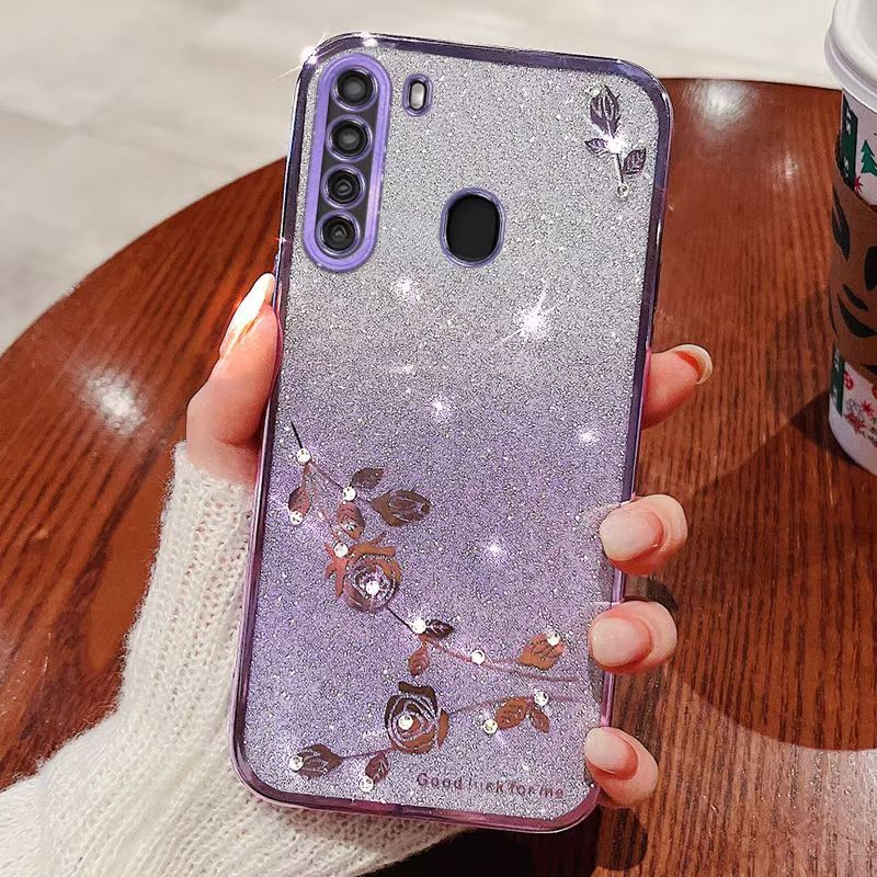 For Samsung Galaxy A21 Phone Case Flash Women's and Girls Pink Flower Transparent Shock Protection Luxury Diamond Shining Phone Case Soft TPU