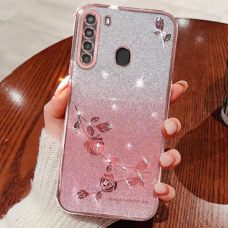 For Samsung Galaxy A21 Phone Case Flash Women's and Girls Pink Flower Transparent Shock Protection Luxury Diamond Shining Phone Case Soft TPU
