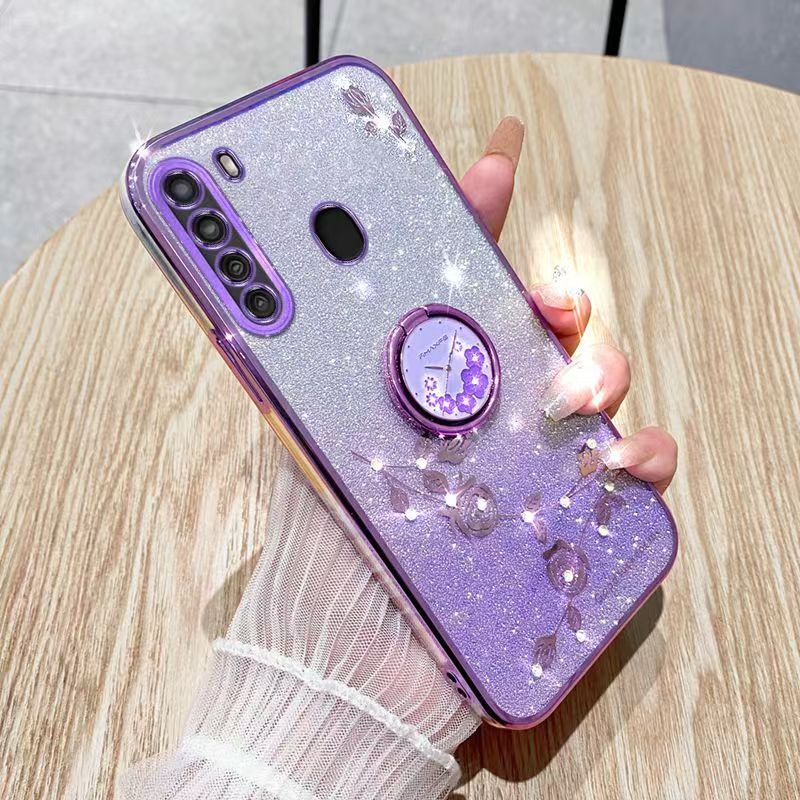 For Samsung Galaxy A21 Phone Case Flash Women's and Girls Pink Flower Transparent Shock Protection Luxury Diamond Shining Phone Case Soft TPU