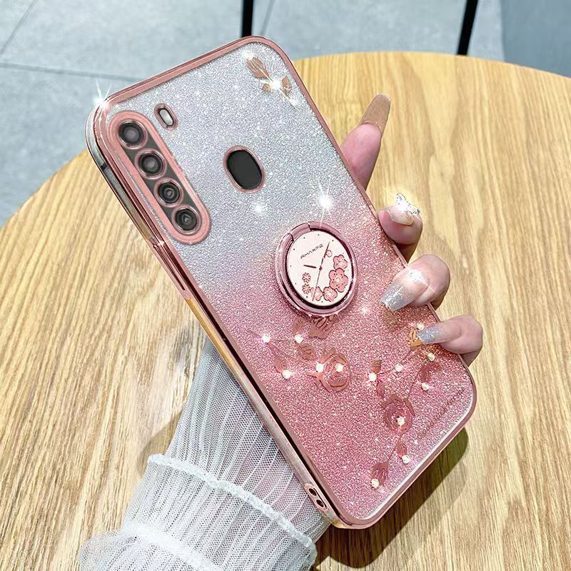 For Samsung Galaxy A21 Phone Case Flash Women's and Girls Pink Flower Transparent Shock Protection Luxury Diamond Shining Phone Case Soft TPU