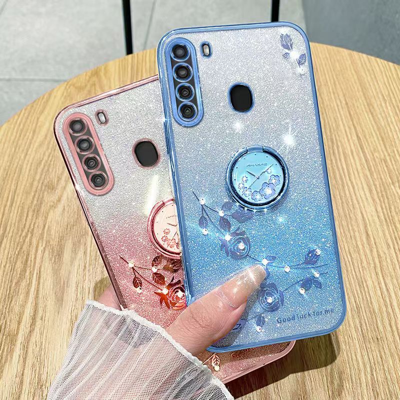 For Samsung Galaxy A21 Phone Case Flash Women's and Girls Pink Flower Transparent Shock Protection Luxury Diamond Shining Phone Case Soft TPU