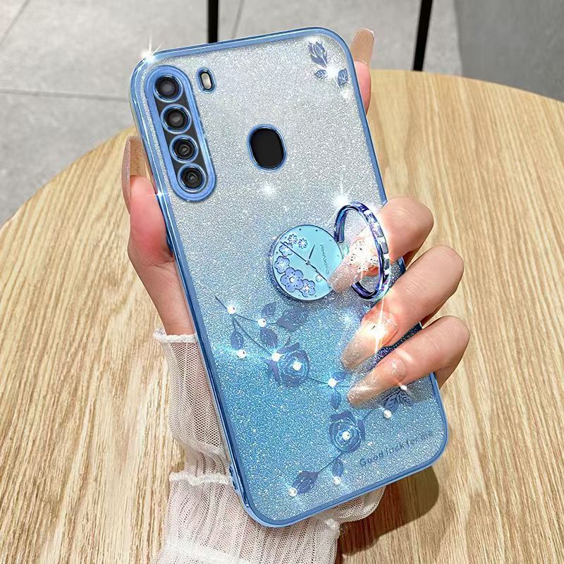 For Samsung Galaxy A21 Phone Case Flash Women's and Girls Pink Flower Transparent Shock Protection Luxury Diamond Shining Phone Case Soft TPU