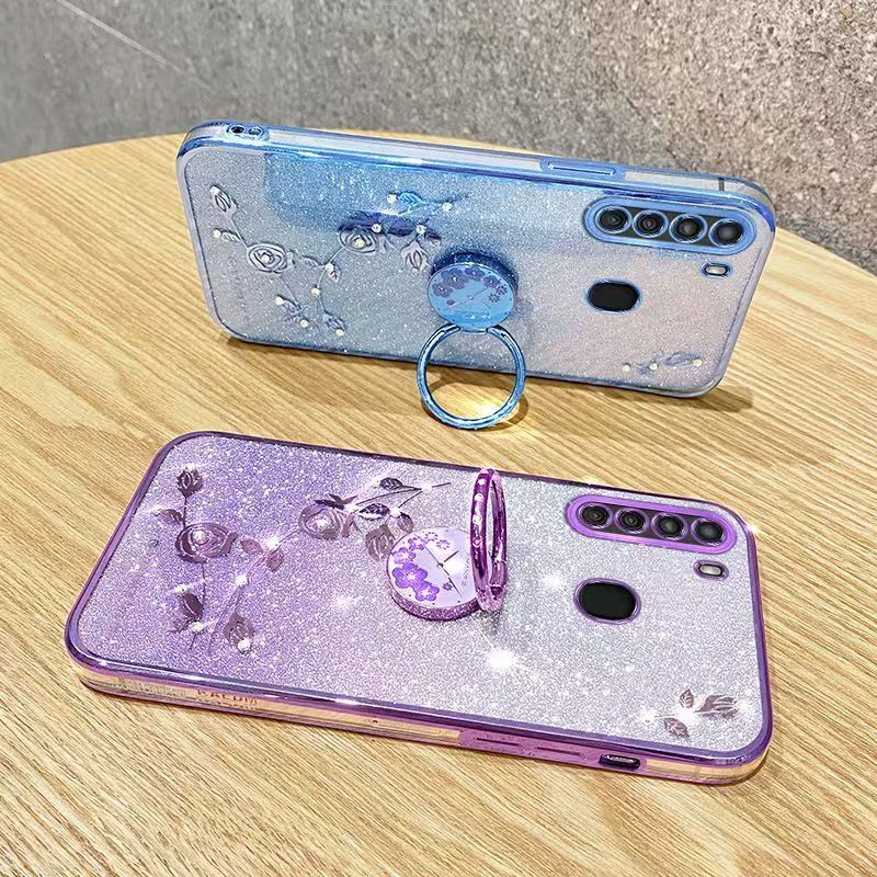 For Samsung Galaxy A21 Phone Case Flash Women's and Girls Pink Flower Transparent Shock Protection Luxury Diamond Shining Phone Case Soft TPU