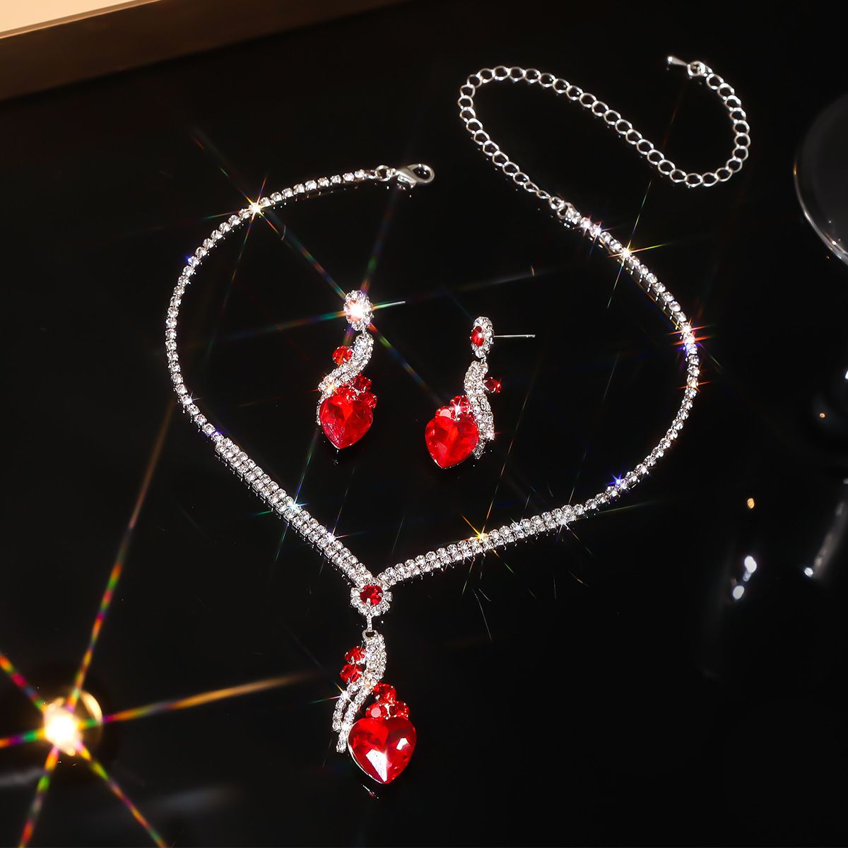 Hot Sale - Colourful Blue, Green, Red, Black Drops Geometric Crystal Necklace and Earrings Two Piece Jewellery Set