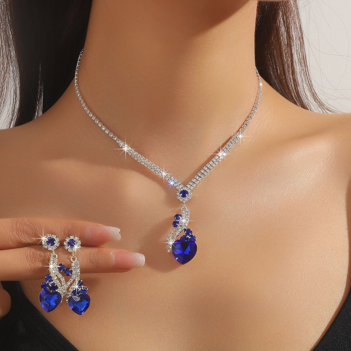 Hot Sale - Colourful Blue, Green, Red, Black Drops Geometric Crystal Necklace and Earrings Two Piece Jewellery Set