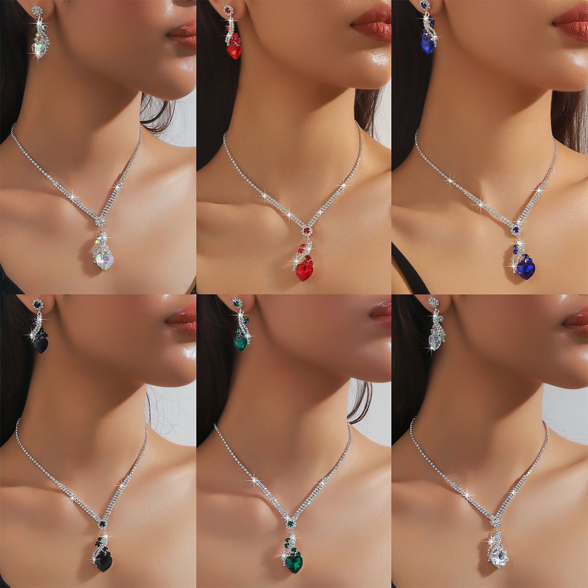 Hot Sale - Colourful Blue, Green, Red, Black Drops Geometric Crystal Necklace and Earrings Two Piece Jewellery Set