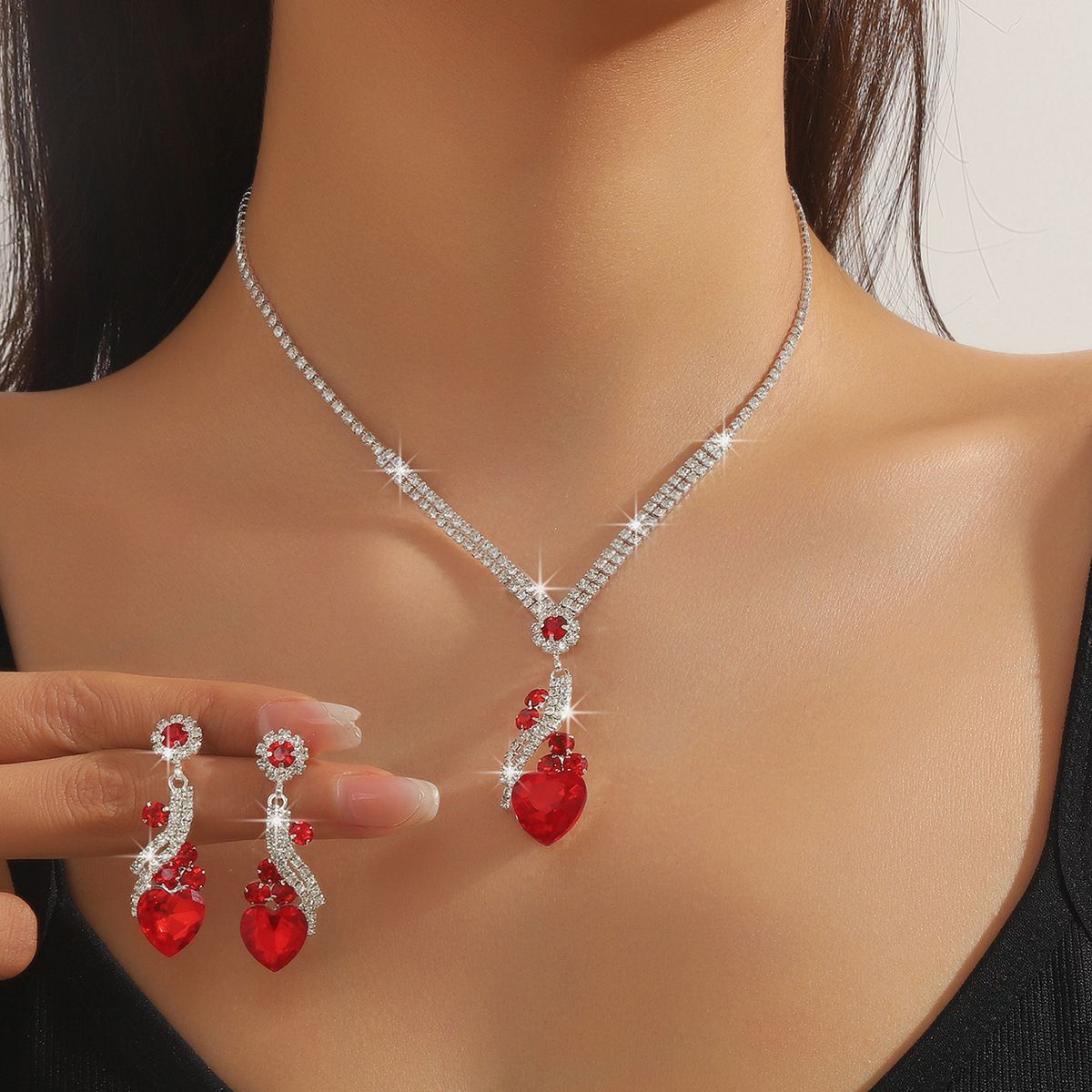 Hot Sale - Colourful Blue, Green, Red, Black Drops Geometric Crystal Necklace and Earrings Two Piece Jewellery Set