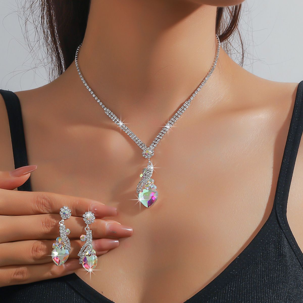 Hot Sale - Colourful Blue, Green, Red, Black Drops Geometric Crystal Necklace and Earrings Two Piece Jewellery Set