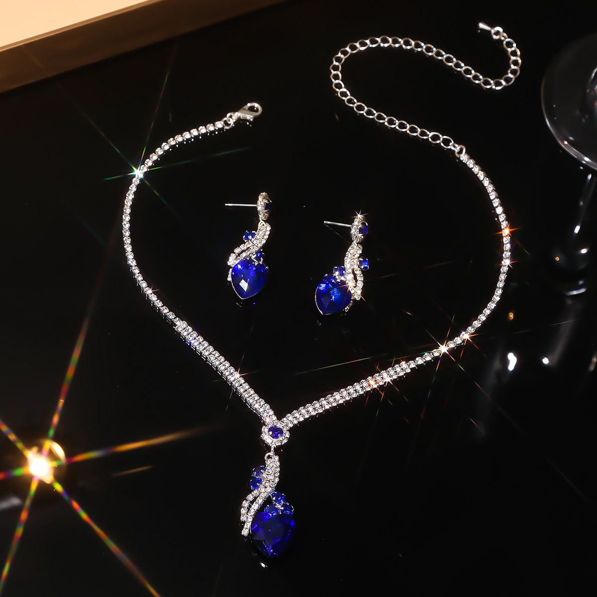 Hot Sale - Colourful Blue, Green, Red, Black Drops Geometric Crystal Necklace and Earrings Two Piece Jewellery Set