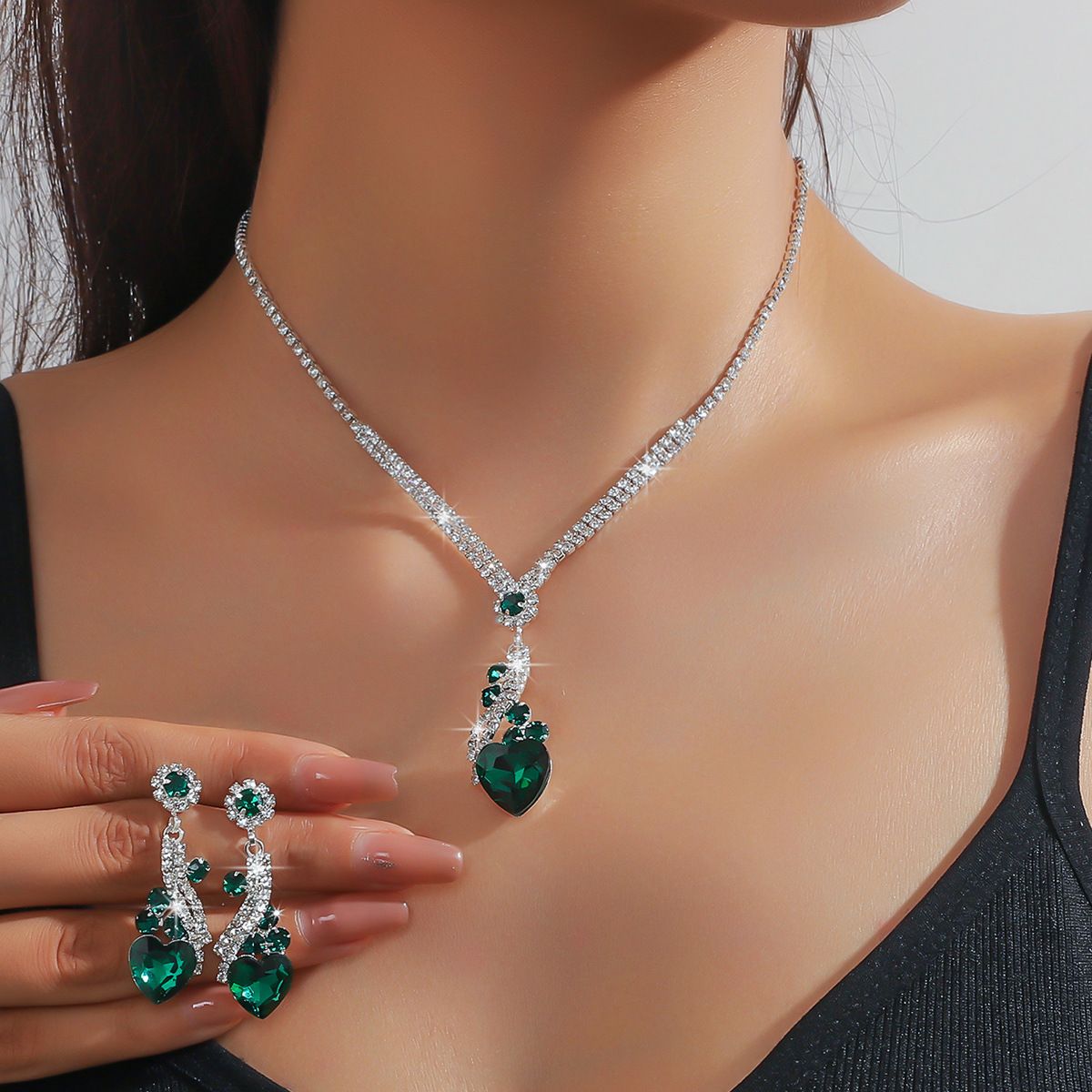 Hot Sale - Colourful Blue, Green, Red, Black Drops Geometric Crystal Necklace and Earrings Two Piece Jewellery Set