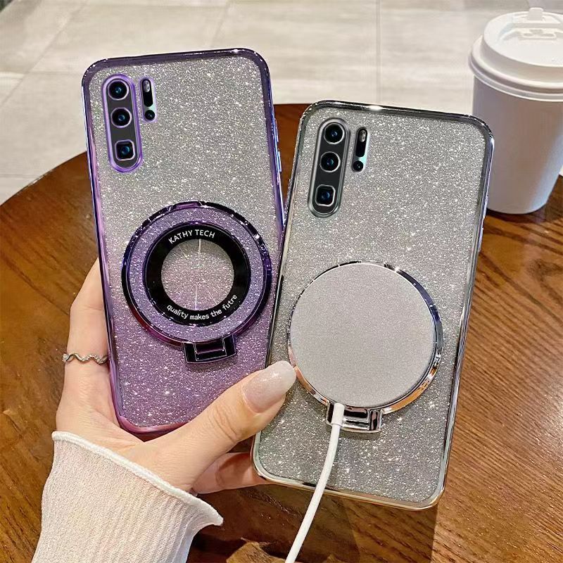 Luxury Magnetic Support Phone Case For Huawei P30 Pro Transparent Glitter Powder Fall Prevention Protective Cover