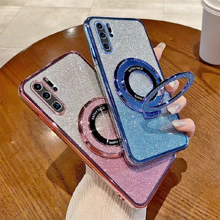 Luxury Magnetic Support Phone Case For Huawei P30 Pro Transparent Glitter Powder Fall Prevention Protective Cover