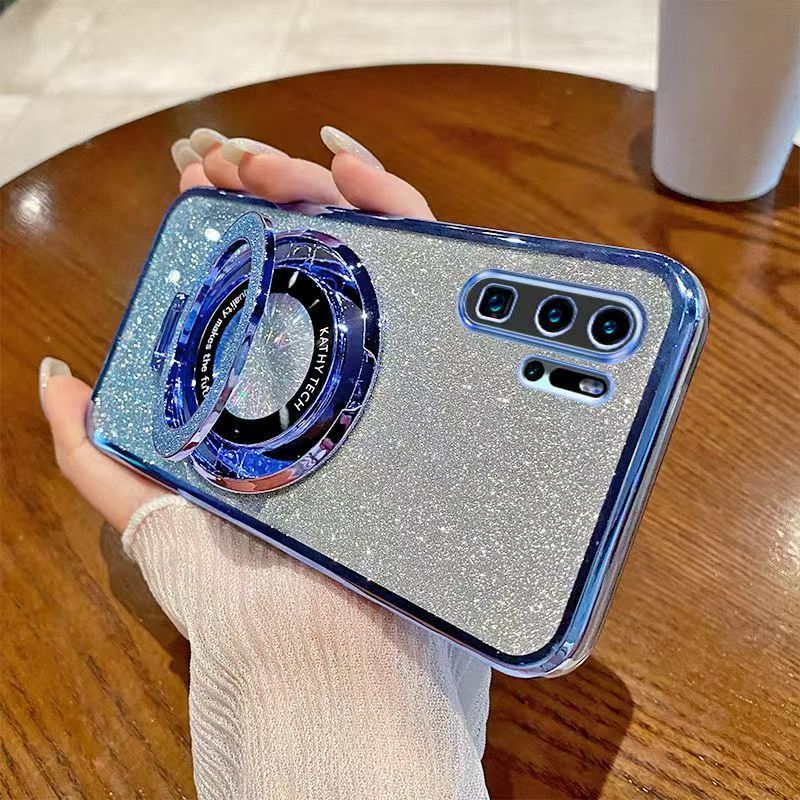 Luxury Magnetic Support Phone Case For Huawei P30 Pro Transparent Glitter Powder Fall Prevention Protective Cover