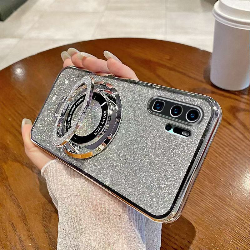 Luxury Magnetic Support Phone Case For Huawei P30 Pro Transparent Glitter Powder Fall Prevention Protective Cover