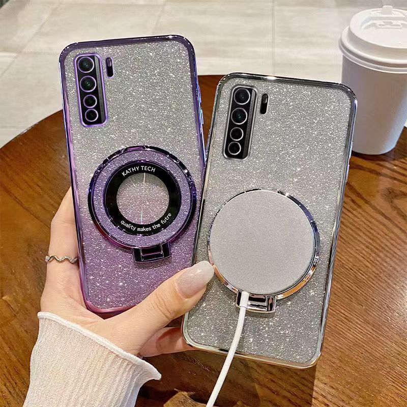 Luxury Magnetic Support Transparent Glitter Powder Phone Case For Huawei nova 7 SE Fall Prevention Protective Cover