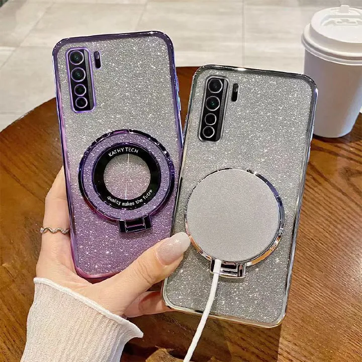 Luxury Magnetic Support Transparent Glitter Powder Phone Case For Huawei nova 7 SE Fall Prevention Protective Cover