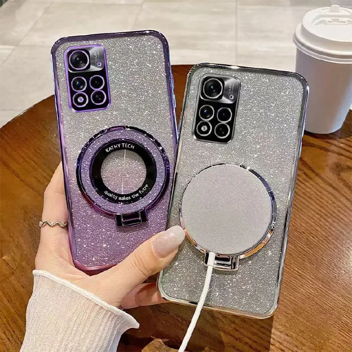 Luxury Magnetic Support Transparent Glitter Powder Phone Case For Xiaomi Redmi Note 11 Pro+/Plus 5G Fall Prevention Protective Cover