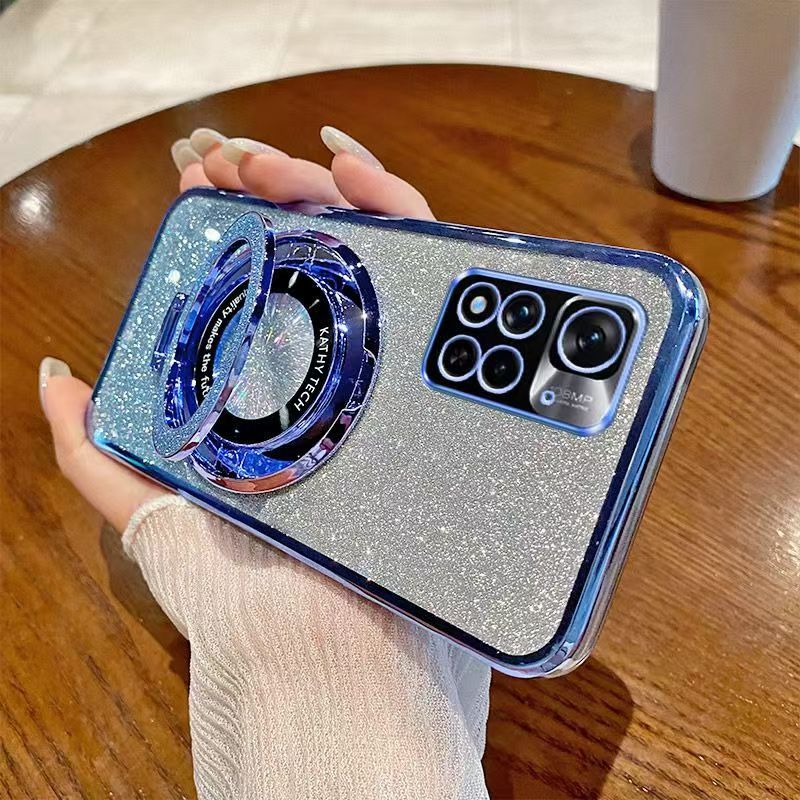 Luxury Magnetic Support Transparent Glitter Powder Phone Case For Xiaomi Redmi Note 11 Pro+/Plus 5G Fall Prevention Protective Cover
