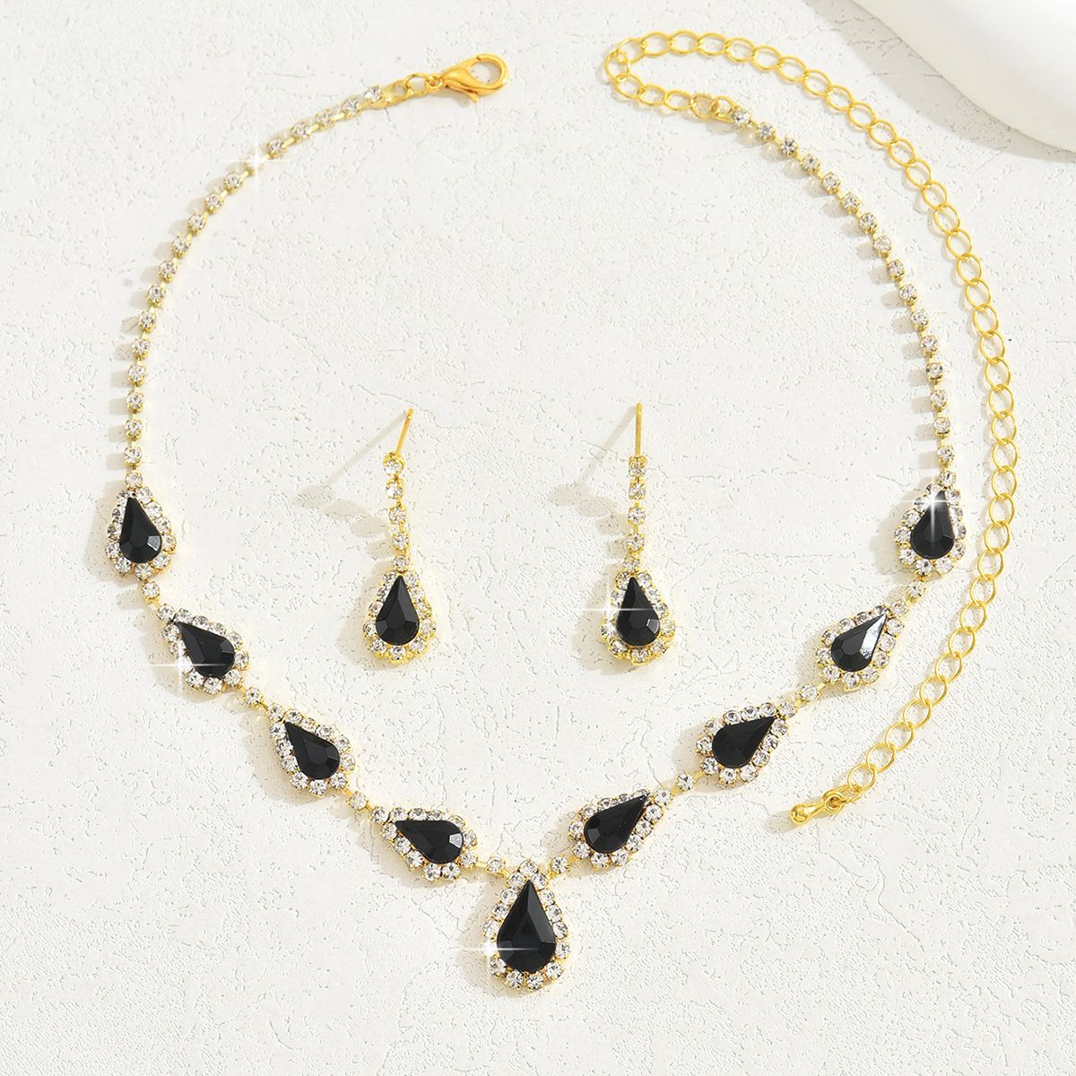 Hot Sale - Fashion Black Crystal Necklace Earrings Jewellery Set Amazon Full Diamond 2 Piece Set