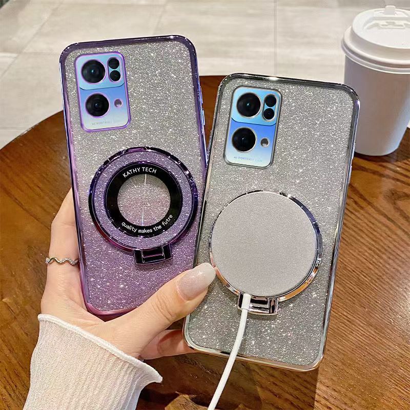 Luxury Magnetic Support Transparent Glitter Powder Phone Case For Oppo Reno 7 Pro 5G Fall Prevention Protective Cover