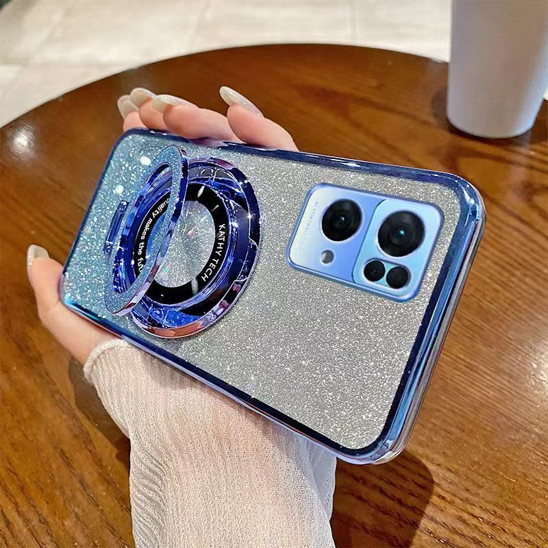 Luxury Magnetic Support Transparent Glitter Powder Phone Case For Oppo Reno 7 Pro 5G Fall Prevention Protective Cover