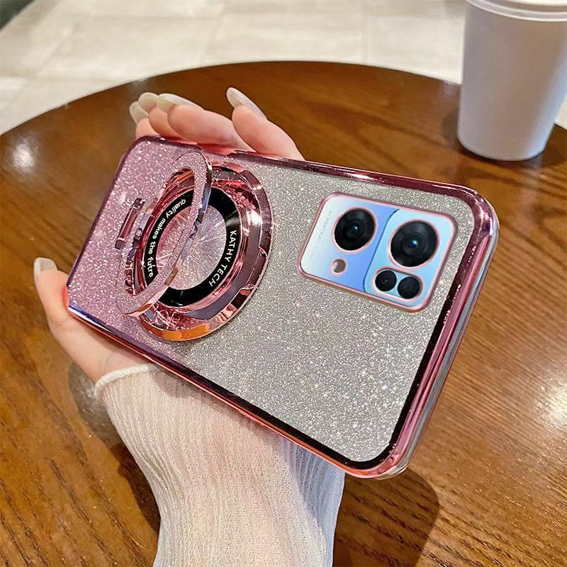 Luxury Magnetic Support Transparent Glitter Powder Phone Case For Oppo Reno 7 Pro 5G Fall Prevention Protective Cover