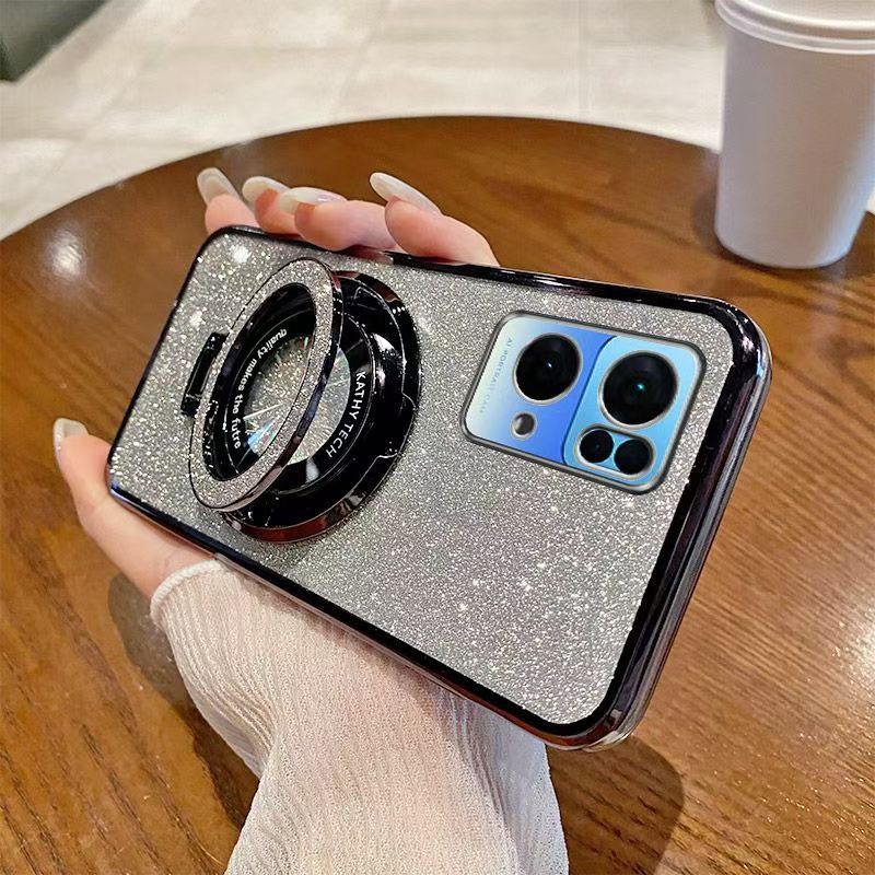Luxury Magnetic Support Transparent Glitter Powder Phone Case For Oppo Reno 7 Pro 5G Fall Prevention Protective Cover