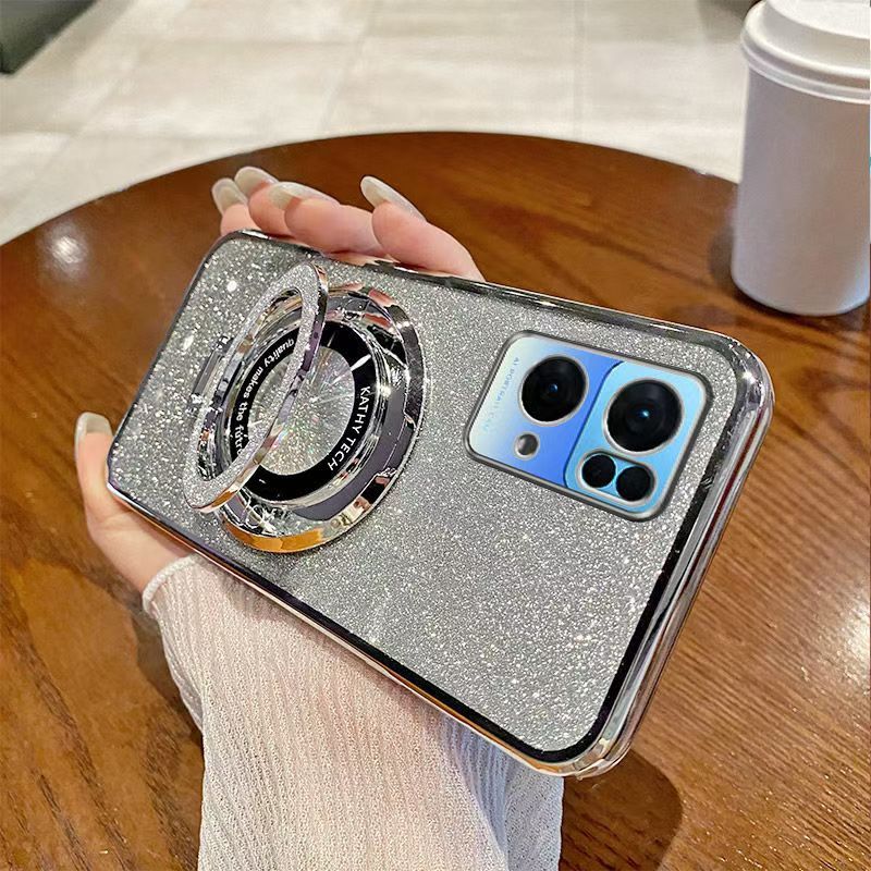 Luxury Magnetic Support Transparent Glitter Powder Phone Case For Oppo Reno 7 Pro 5G Fall Prevention Protective Cover