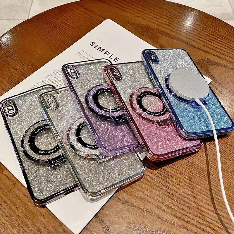 Luxury Magnetic Support Transparent Glitter Powder Phone Case For Oppo Reno 7 Pro 5G Fall Prevention Protective Cover