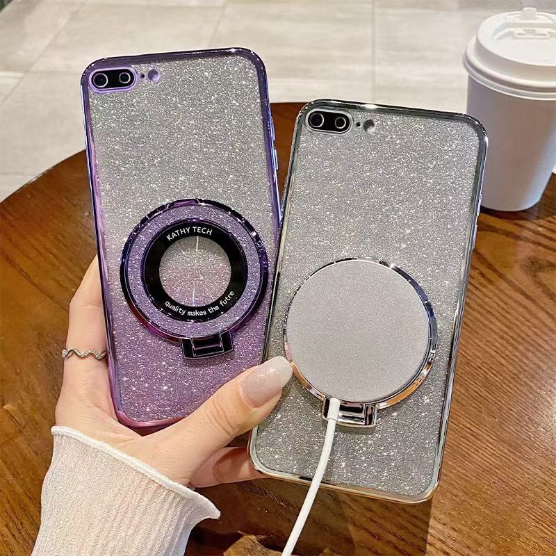 Luxury Magnetic Support Transparent Glitter Powder Phone Case For iPhone 8 Plus/7 Plus Fall Prevention Protective Cover